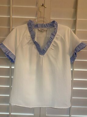 Periwinkle Collection XS White Top with Blue Pinstripe Ruffle Trim